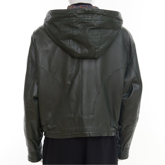 80’s Green leather bomber jacket with hoodie - Picture 5 of 9